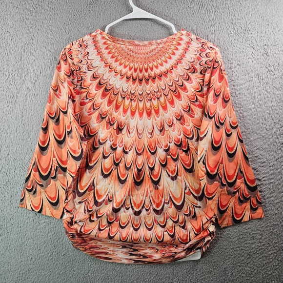 Chico's Top Women Size 1 Feather Print Stretch Orange Red Whtie - Picture 6 of 9